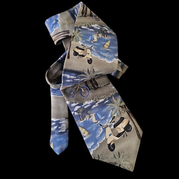 Tango Tropicals Silk Tie Tan Blue 4 in x 29 in Made in USA Vintage Y2K - Picture 1 of 6